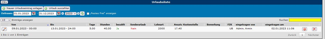 2. Urlaubsliste